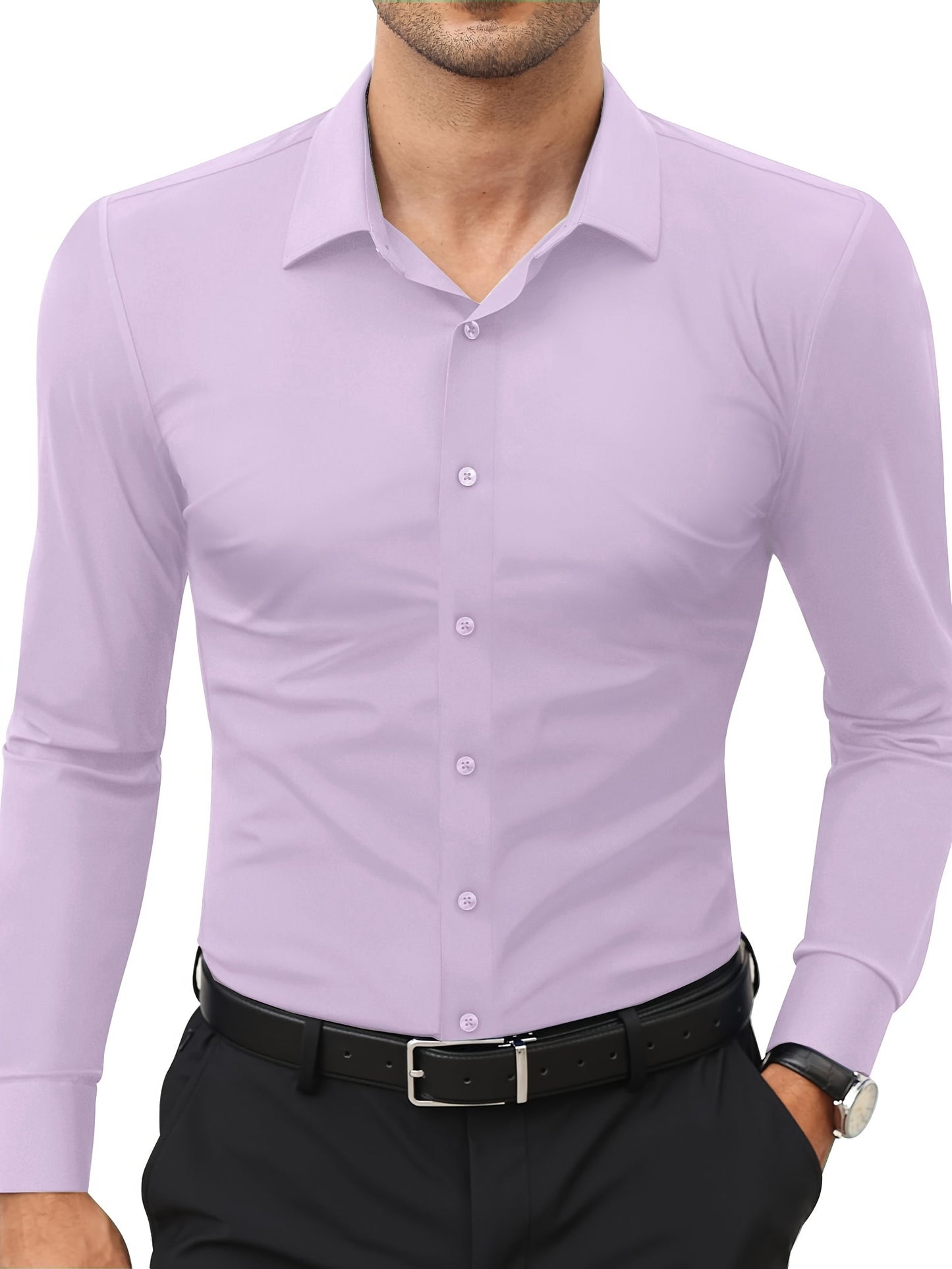 Men'S Slim Fit Long Sleeve Shirt - 55% Cotton, 40% Polyester, 5% Spandex, Solid Color, All-Season, Woven Fabric, Button-Up, Lapel Collar, Casual Weekend Wear, 125g/m²