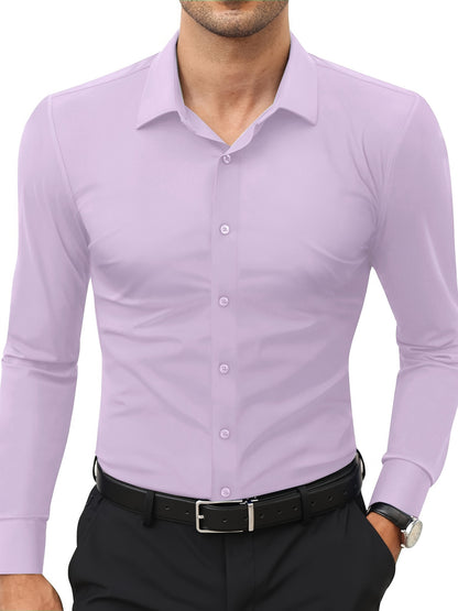 Men'S Slim Fit Long Sleeve Shirt - 55% Cotton, 40% Polyester, 5% Spandex, Solid Color, All-Season, Woven Fabric, Button-Up, Lapel Collar, Casual Weekend Wear, 125g/m²