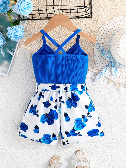 Girls' Summer Casual Floral Print Off-Shoulder Jumpsuit with Adjustable Waist Belt - Lightweight Breathable Shorts for Outdoor Play & Daily Wear, Blue & White Flower Design, Perfect for Weekend Outings, Cute Outfits for Girls