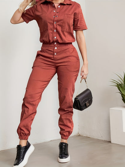 Macacão casual para mulher com decote em V e detalhes de botões - Manga curta, cintura elástica, bolsos, cor lisa, ideal para todas as estações, modelagem regular, perfeito para passeios e looks casuais | Macacão com decote em V | Tecido