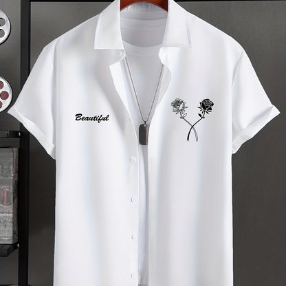 Camisa criativa para homem com estampado gráfico de rosas e letras "BEAUTIFUL", manga curta e lapela, em tecido sem elasticidade, ideal para o verão.