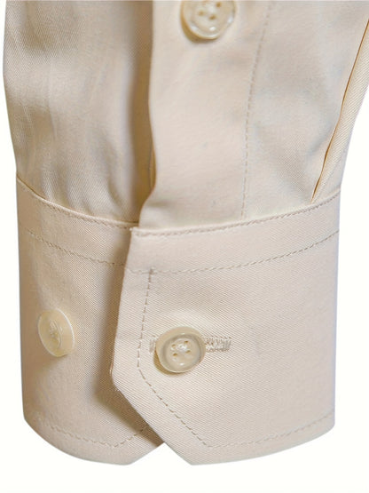 Men'S Slim Fit Long Sleeve Shirt - 55% Cotton, 40% Polyester, 5% Spandex, Solid Color, All-Season, Woven Fabric, Button-Up, Lapel Collar, Casual Weekend Wear, 125g/m²