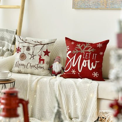 Conjunto de 4 capas de almofada Merry &amp; Bright Christmas Let It Snow com estampado xadrez buffalo e flocos de neve, além de árvores de Natal vermelhas para decoração de sofás e cadeirão.