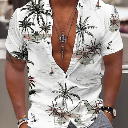 Camisa de homem de manga curta com estampado de coqueiros, ideal para o dia a dia em resorts e para a praia.