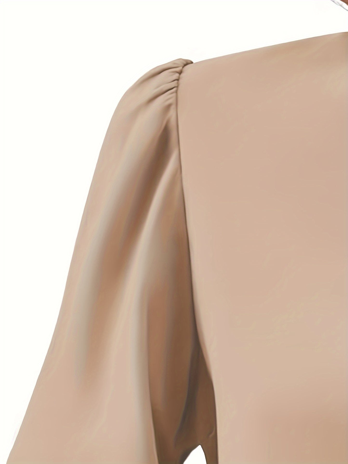 Solid V Neck Simple Blouse, Elegant Long Sleeve Ruched Blouse, Women's Clothing