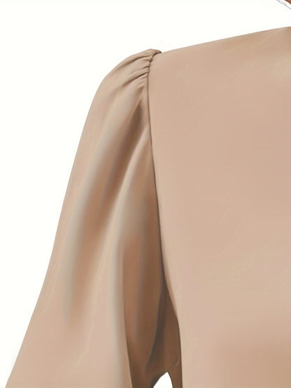 Solid V Neck Simple Blouse, Elegant Long Sleeve Ruched Blouse, Women's Clothing