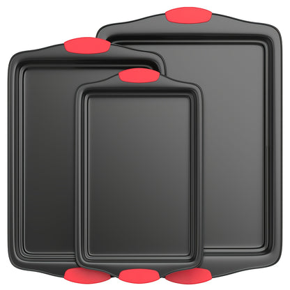 Non-stick Pan Baking Tray, with Red Silicone Handle, Kitchen Baking Plate, Heat-resistant and Non-Sticking, Home Use Baking Tray, Cake, Oven Cookie Baking, Rectangular Cookie Tray, Easy to Clean, Suitable for Cookies, Cakes a