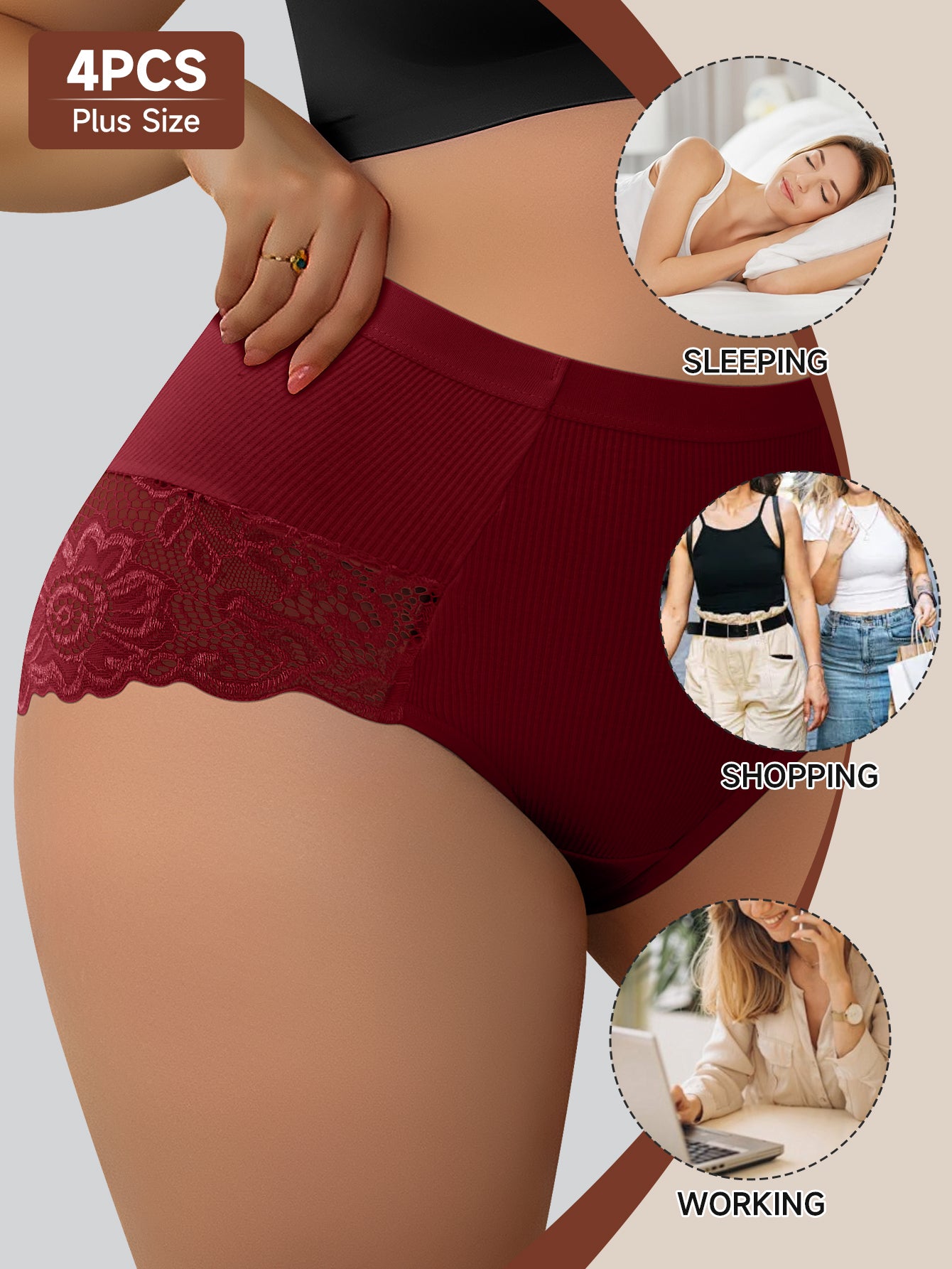 4pcs Women'S Plus Size High-Waisted Briefs - Tummy Control Butt Lifting Underwear with Seamless Wrap, Non-Slip Grip & Lifted Hipline - Stretchy Everyday & Special Occasion Panties - Burgundy/Beige/Black/ - QUASTI, Tummy Contr