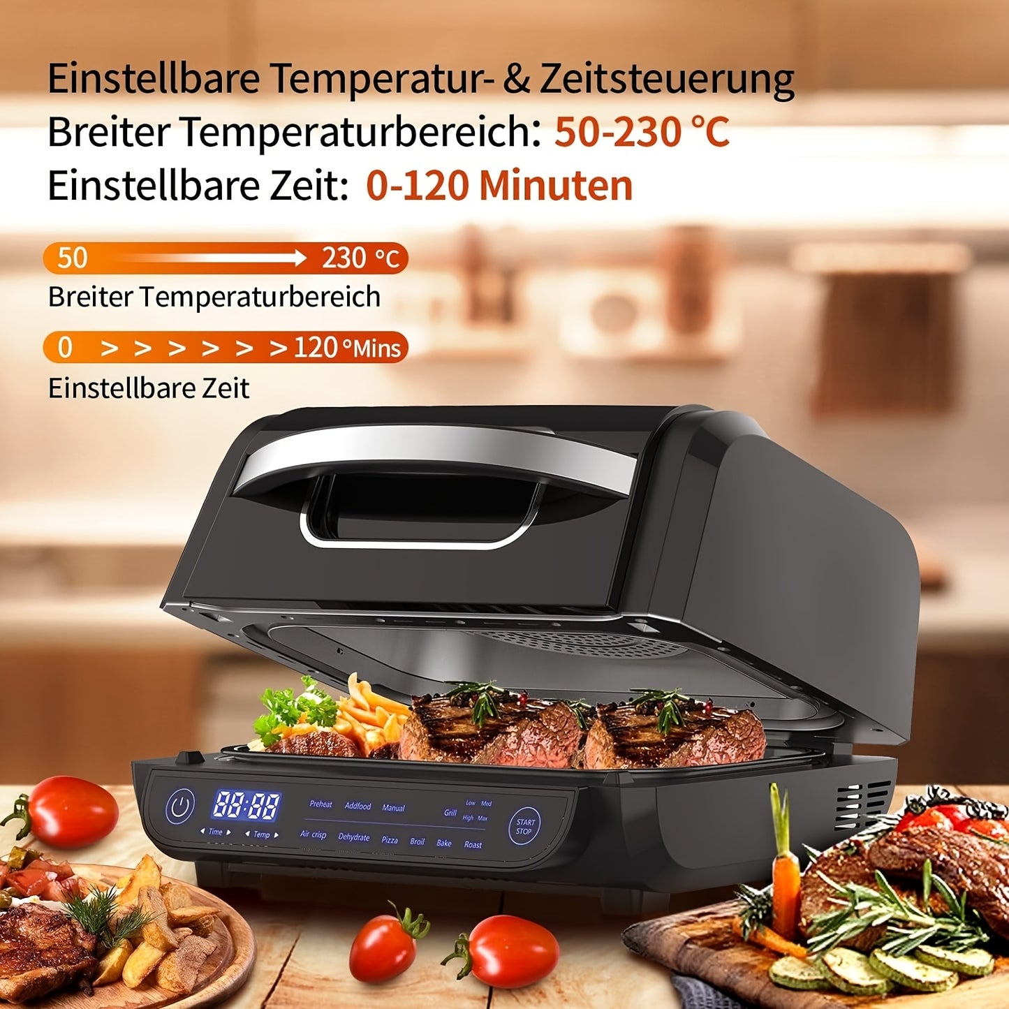 Fritadeira Elétrica 8 em 1 com Grelha e Ar Quente, Capacidade de 6L, Controlo por Toque, Temporizador de 120 Minutos, 1700W, Preta