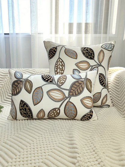 1pc Leaf Embroidered Decorative Throw Pillow Case, Canvas Cushion Cover For Living Room, Home Decor