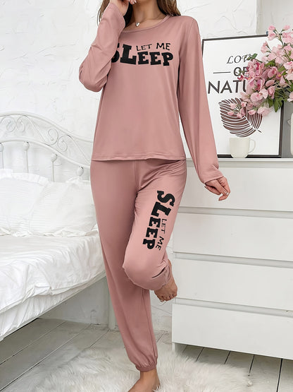 Pijama de senhora de outono e inverno, com mangas compridas e calças compridas, estampado de letras em estilo cartoon, conjunto casual para usar em casa em todas as estações.