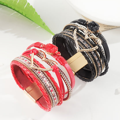 Bohemian Multi-layer Leather Bracelet Hand-woven Bracelet Golden Big Heart Ladies Fashion Bracelet