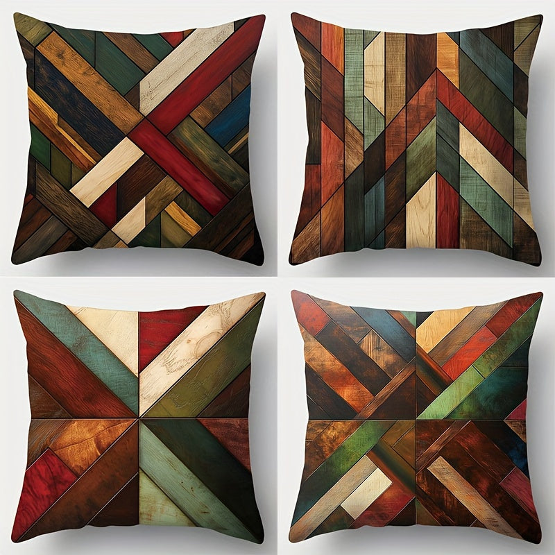Conjunto de 4 capas de almofada decorativas geométricas contemporâneas para sofá, laváveis ​​à máquina, com fecho de correr e estampado, versáteis para decoração de ambientes, em poliéster tecido, ideais para sala de estar, quarto e mobiliário de jardim.