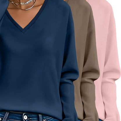 3pcs Women'S 100% V-Neck Long Sleeve T-Shirts - Soft, Durable, and Comfortable Casual Wear for All Seasons, Perfect for Holidays, Graduations, and Everyday Style, Everyday Comfort Wear | Minimalist Style | Soft Fabric Tee