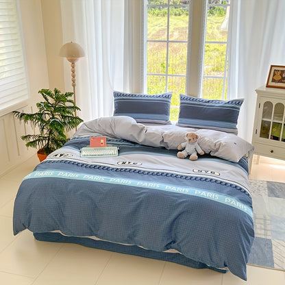 Four Seasons Beige-Friendly Printed Brooklyn Pattern Flannel Set, 4pcs 100% Cotton, 1 Duvet Cover + 2 Pillowcases + 1 Fitted Sheet, Soft and Delicate, Breathable and Sweat-Wicking, Simple and Elegant, Machine Washable,  Beddi