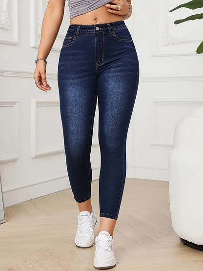 [Denim Print/Imitation Denim] Women's High-Waisted Stretchy Imitation Denim Leggings - Non-Denim Fabric Tight-Fitting Pants with Elastic Waistband, 9/10 Length Ankle Coverage, All-Season Casual to Semi-Formal Wear, Machine Wa
