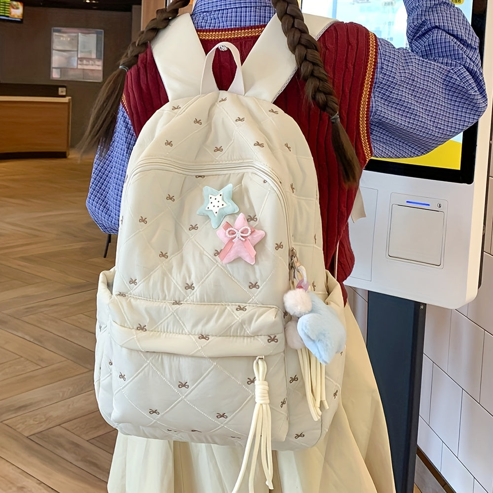 HUOHUO Large Capacity Backpack - Stylish Red & White Quilted Design with Star & Bow Accents, Adjustable Straps, Multiple Compartments, Perfect for School, Commuting, and Everyday Use, Backpack for School, Commuter Bag, Playfu