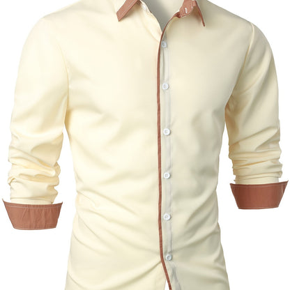 Mature Style Men's Casual Trim Contrast Button Long Sleeve Shirt, Spring Fall