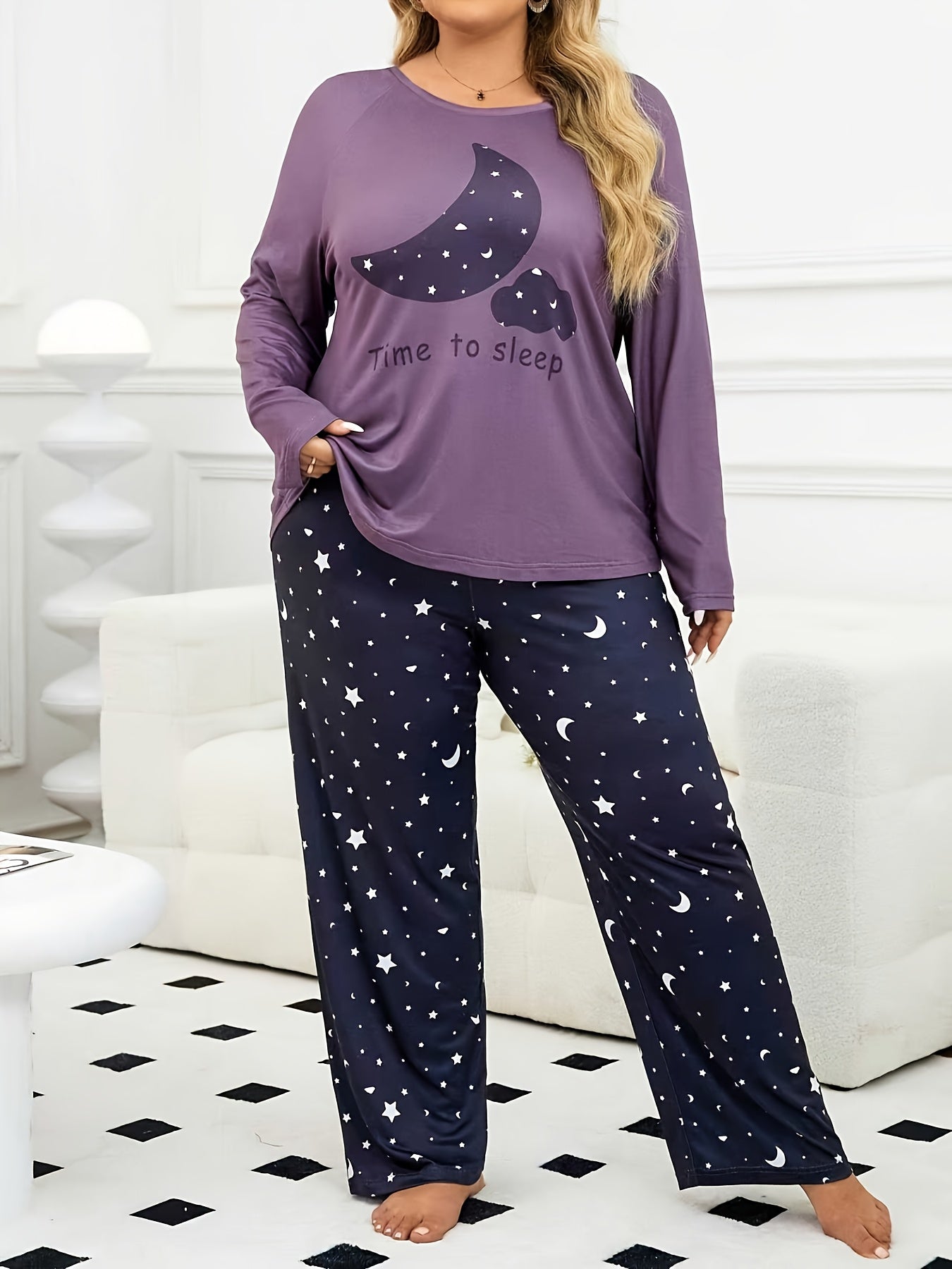 Women's Moon Letter Pajama Set, Long Sleeve