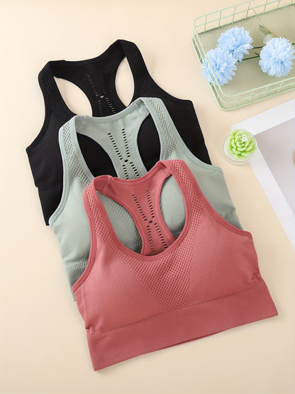 3pcs Solid Racer Back Sports Bra, Sporty Comfy Push Up Bra, Women's Lingerie & Underwear