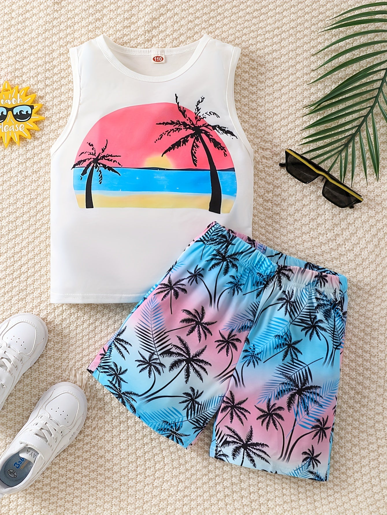 Boy's Coconut Trees Casual Outfit Round Neck Tank Top & Shorts Comfortable Breathable For Summer Kids Clothes Sets, Ideal For Daily & Outdoor Wear