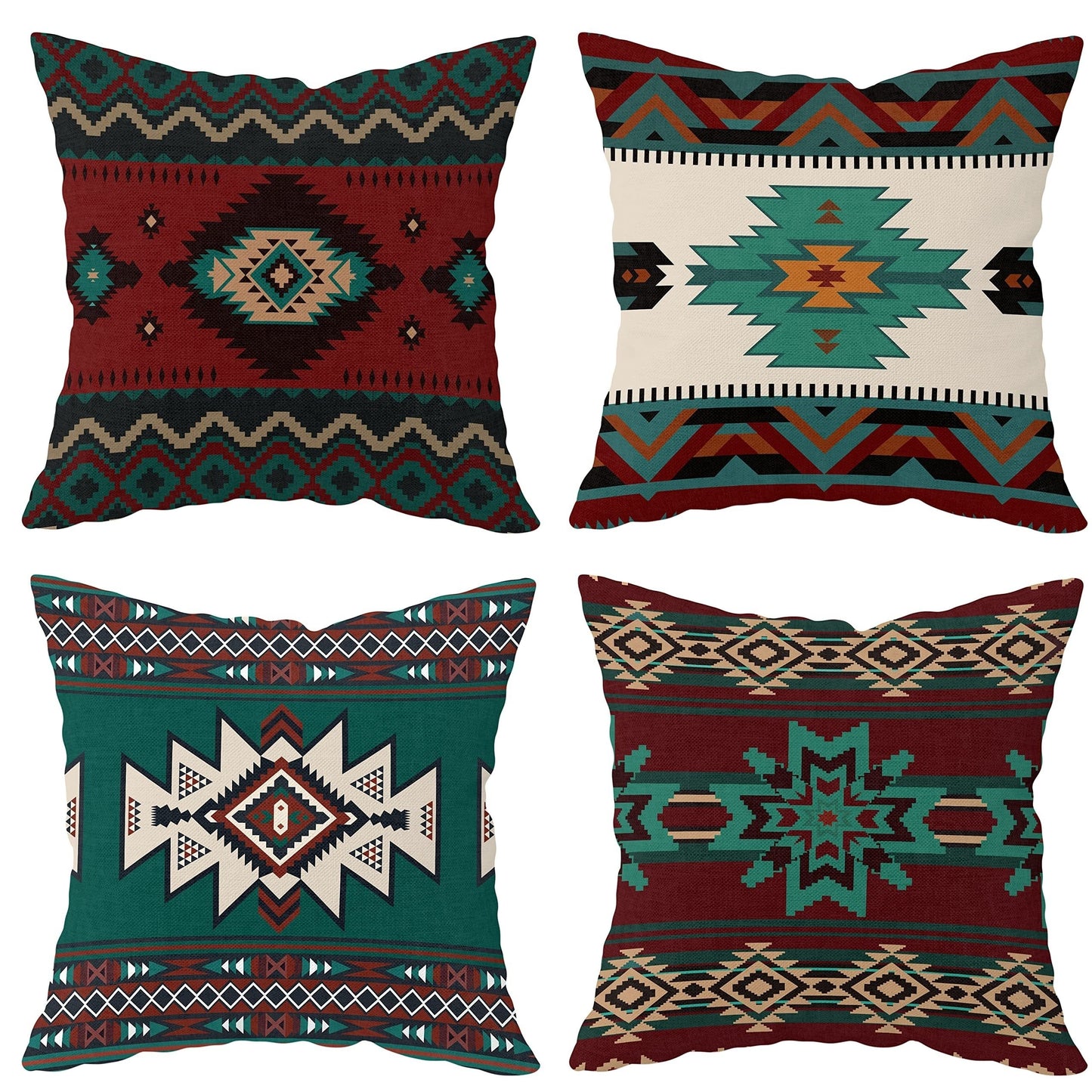 Set Of 4 Western Throw Pillow Covers Aztec Southwestern Native American Tribal Geometric Pillow Cases Turquoise Rustic Decorative Couch Cushion Covers For Outdoor Bedroom Home Decor, 45.72x45.72 Cm (Cushion Is Not Included)