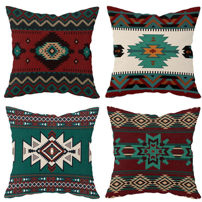 Set Of 4 Western Throw Pillow Covers Aztec Southwestern Native American Tribal Geometric Pillow Cases Turquoise Rustic Decorative Couch Cushion Covers For Outdoor Bedroom Home Decor, 45.72x45.72 Cm (Cushion Is Not Included)