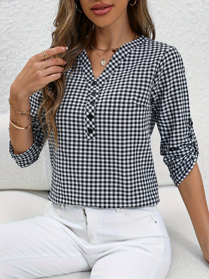 Plaid Print Button Notched Neck Blouse, Casual Rolled Sleeve Blouse For Spring, Women's Clothing