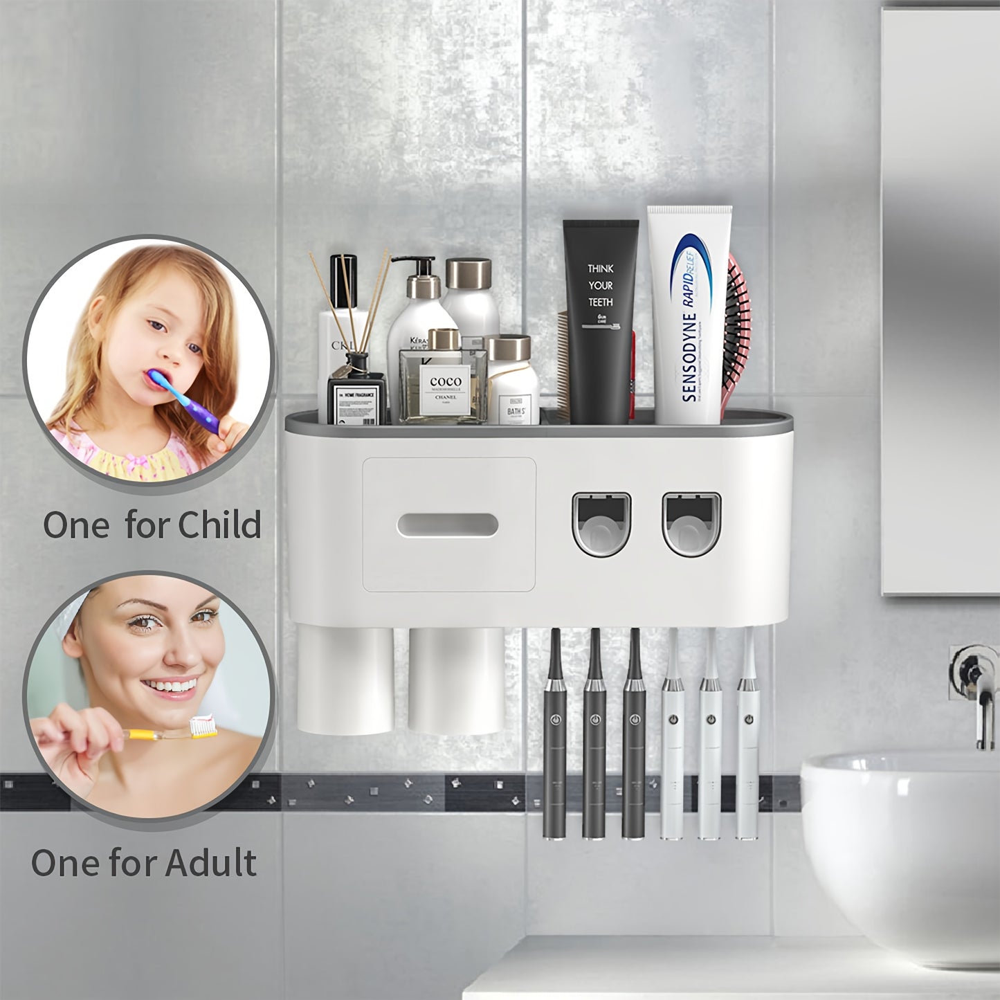 Wall-Mounted Toothbrush Holder with Automatic Dispenser - 6 Slots, Magnetic Cups, Cosmetic Drawer & Storage Tray - Sleek Black Bathroom Organizer