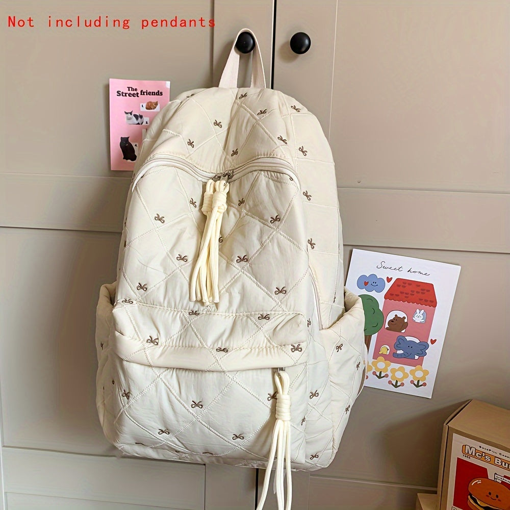 HUOHUO Large Capacity Backpack - Stylish Red & White Quilted Design with Star & Bow Accents, Adjustable Straps, Multiple Compartments, Perfect for School, Commuting, and Everyday Use, Backpack for School, Commuter Bag, Playfu