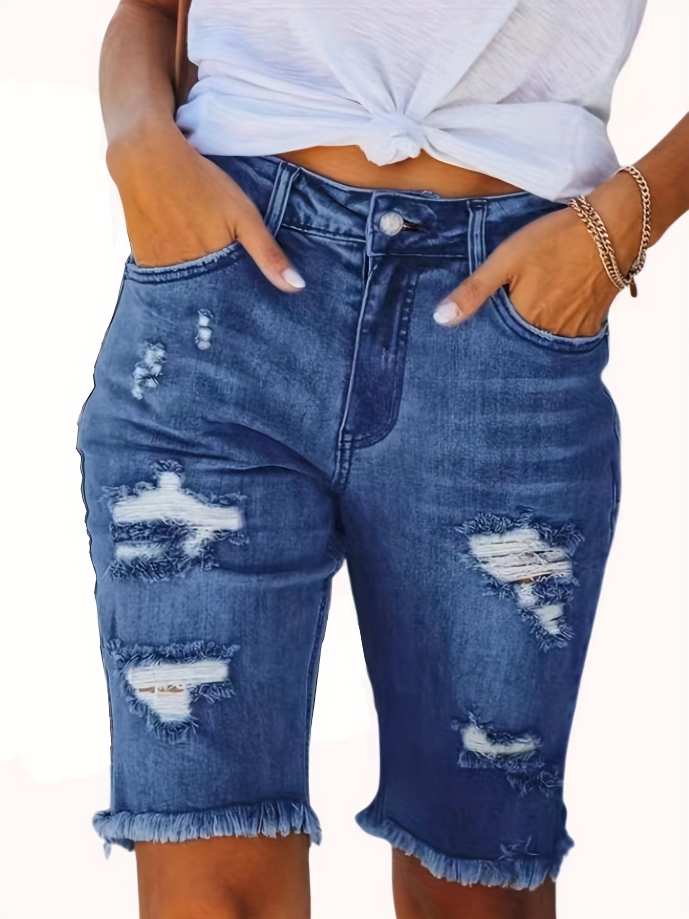 Women's Stretch Denim Mid-Rise Shorts with Distressed Frayed Hem & Knee Rips - Casual Summer Denim Shorts with Built-In Zipper, Machine Washable, Casual Attire, Comfortable Fit