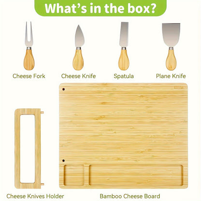 1 Set, Bamboo Cheese Board, Cheese Tray With 4 Cheese Knfie Set, Charcuterie Board And Serving Plate, Cheese Knife, Cheese Slicer, Cheese Fork, Kitchen Cooking Tools, Bamboo Cutting Board, Wood Cheeses Boards, Kitchen Stuff