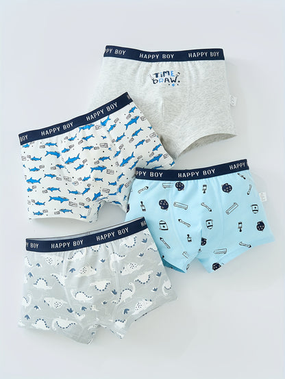 Conjunto de 4 Cuecas Boxer Infantis de Algodão Macias e Respiráveis ​​​​com Estampado Desenho Animado - Confortáveis ​​​​e Fáceis