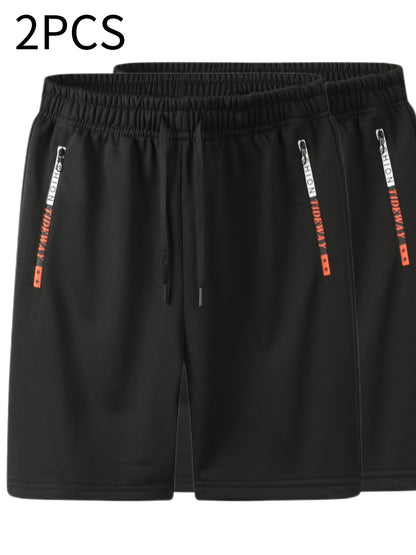 2pcs Men's Casual Outdoor Shorts - Summer Men's Casual Shorts with Zipper Pockets, Minimalist Multi-Pocket Design for Daily Wear, Running, Fitness & Travel, 100% Polyester Knit Fabric, Drawstring Waistband, Machine Washable,