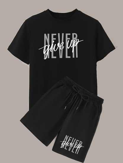 Men's Fashion NEVER GIVE UP Letter Print Loungewear Set, Short Sleeve Crew Neck Graphic T-shirt & Drawstring Shorts With Pockets, Casual Pajama Set, Men's 2piece Outfits