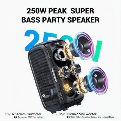 Powerful W-KING 200W peak wireless speaker with massive 120dB soundstage and DSP chip, 12-level bass adjustment, Big Party Boombox portable speaker with super deep bass, dynamic light show, 6.35mm microphone input, TF card sl