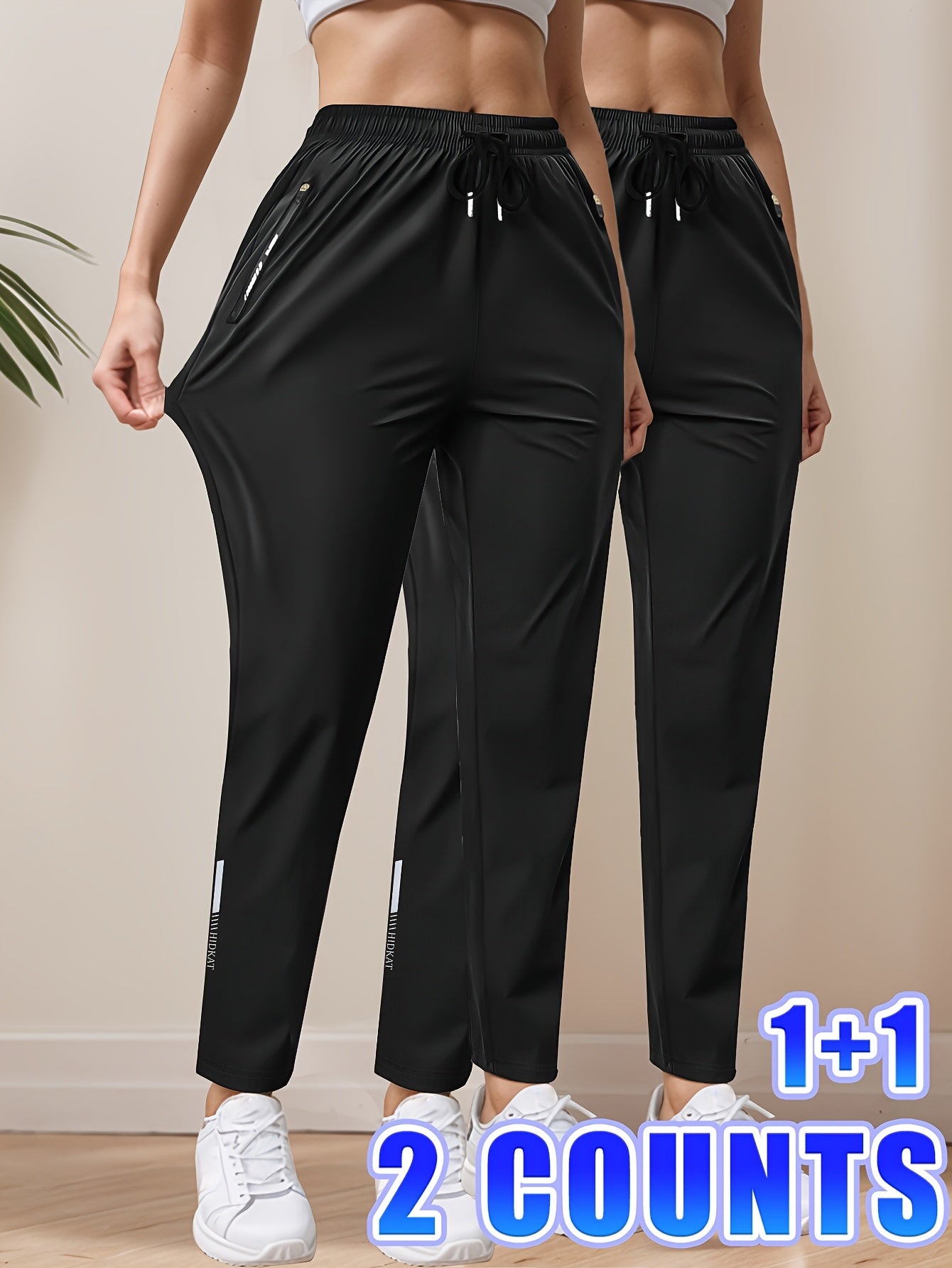 2pcs Women'S High-Waisted Stretchy Leggings with Drawstring Waist & Zipper Pockets - Lightweight Breathable Fabric for Jogging, Cycling, - All-Season Casual, Jogging Pants, Leggings, Sleek Design, Comfortable Fit