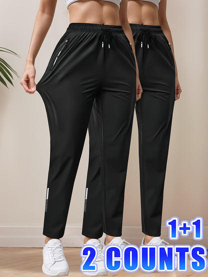 2pcs Women'S High-Waisted Stretchy Leggings with Drawstring Waist & Zipper Pockets - Lightweight Breathable Fabric for Jogging, Cycling, - All-Season Casual, Jogging Pants, Leggings, Sleek Design, Comfortable Fit