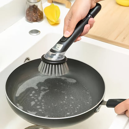 Conjunto de 7 peças de escova de cozinha multifuncional com 6 bolas e dispensador de sabão. Escova de cabo longo não elétrica para panelas, taças e utensílios. Design fácil de usar, recarregável e eficiente.