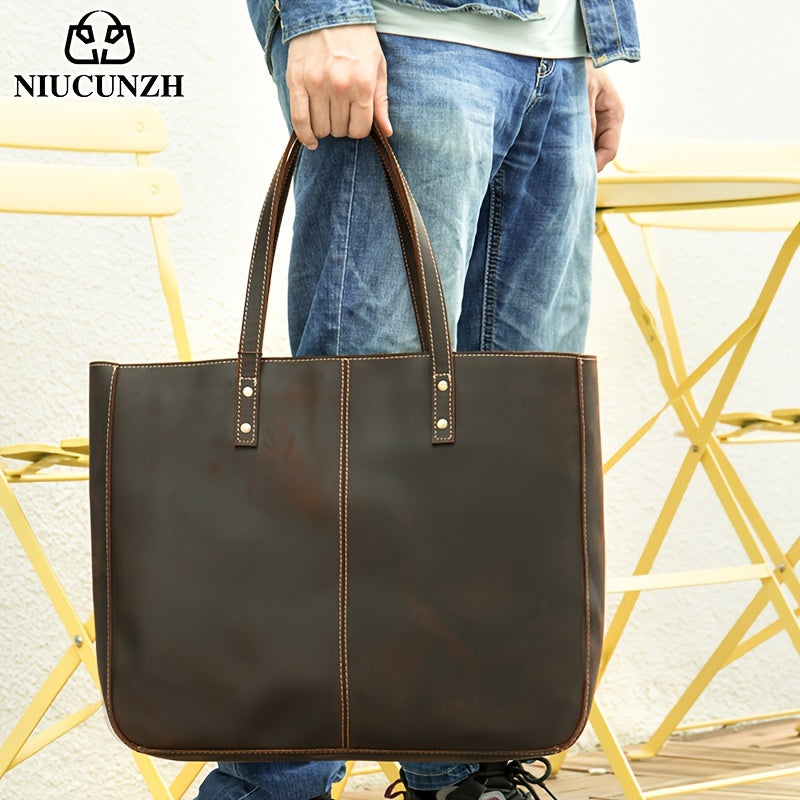 NIUCUNZH Men's Vintage Genuine Leather Tote Bag, Top Layer Cowhide, Large Capacity Shoulder Bag for Going Out, Briefcase Style Handbag, Maintenance Free