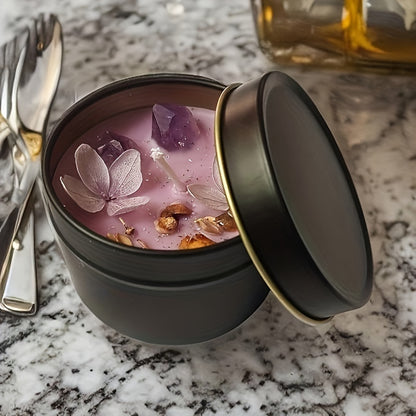 Elegant Lavender Scented Candle in Black Tin - Aesthetic Purple Crystals & Petals Design, Soft Fragrance Natural Soy Wax - Ideal for Relaxation & Home Decor, Perfect Women's Gift, Relaxation Candle|Spa Atmosphere Candle|Black