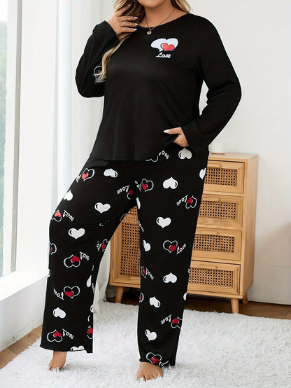 Autumn And Winter Large Size Black Crew Neck Cartoon Small Love Two-Color English Pattern Print Casual And Comfortable Sister Two-Piece Pajama Set