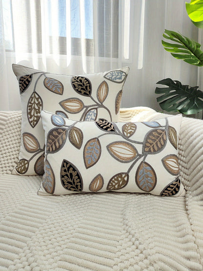 1pc Leaf Embroidered Decorative Throw Pillow Case, Canvas Cushion Cover For Living Room, Home Decor