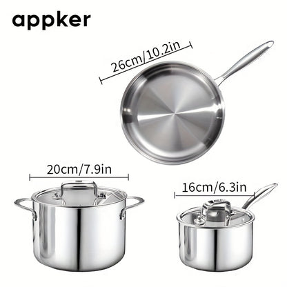 appker 3pcs Tri-Ply Clad Stainless Steel Cookware Set, Pots And Pans Kitchen Set with Tempered Glass Lids, Induction-Ready, Dishwasher-Safe, Silvery