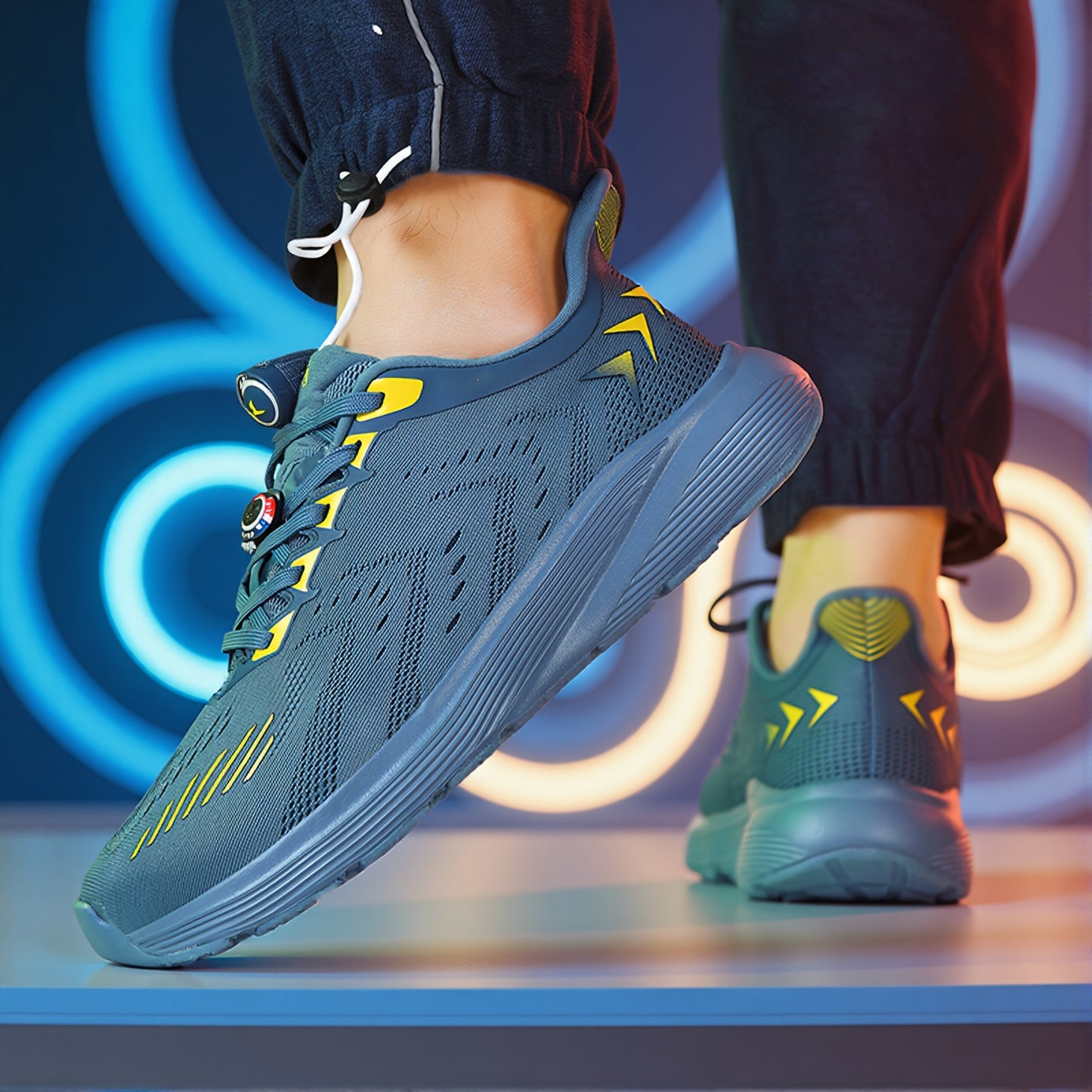 Men'S Wide Toe Box Running Shoes - Non-Slip MD Sole, Breathable Fabric Upper, All-Season Gym, Jogging, Walking Shoes - Lace-Up Athletic Sneakers for Big Feet & Wide Feet - Available in Multiple Colors (Dark Blue/Neon Yellow)