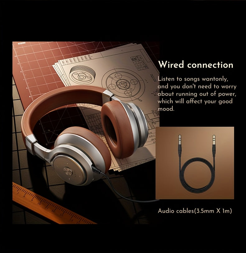 Picun Wireless Over-Ear Headphones, HiFi Stereo, Deep Bass, Foldable Design, 30-Hour Battery, Built-in Mic. Lightweight Brown Leatherette Finish, Perfect for Gaming, PC, and On-the-Go Use.