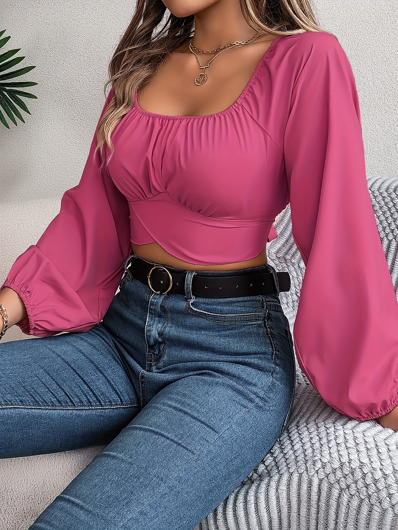 Square Neck Cross Tie Back Crop Blouse, Elegant Lantern Sleeve Slim Blouse For Spring & Fall, Women's Clothing