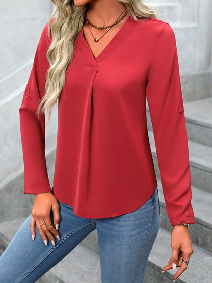 Solid Color V Neck Blouse, Casual Long Sleeve Blouse For Spring & Fall, Women's Clothing