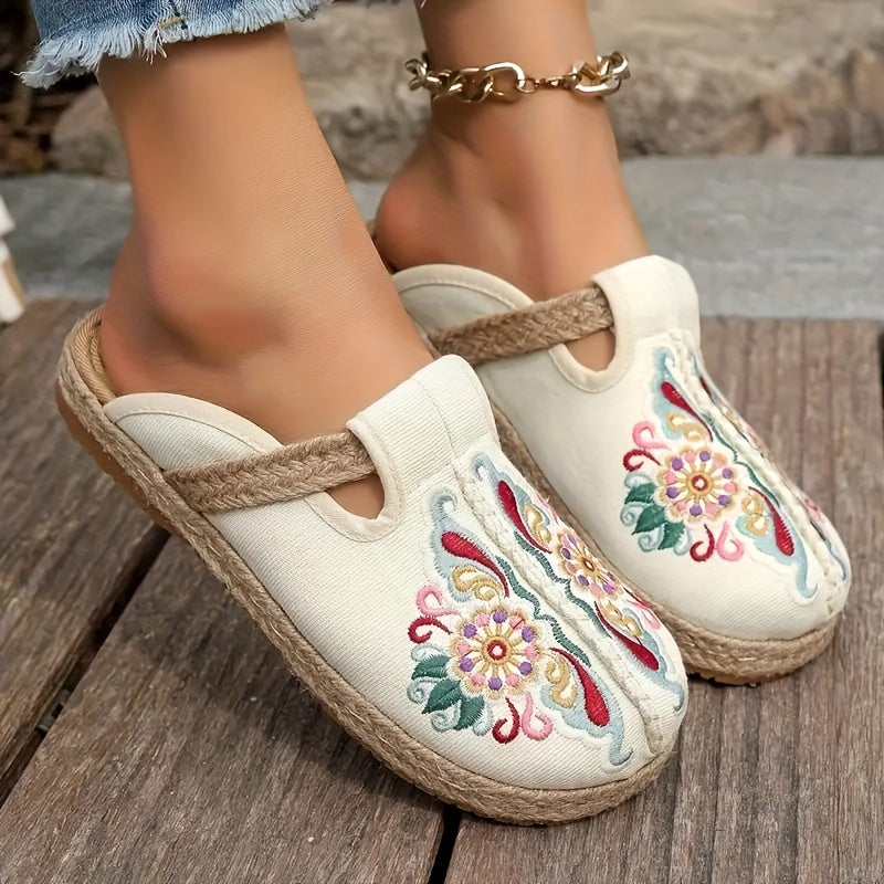 Women'S Ethnic Floral Embroidered Fabric Slides - Handmade Woven Espadrille Sole, Round Toe Slip-On Flat Heel Sandals for All Seasons, White with Colorful Flower Patterns, Casual Footwear | Floral Pattern Sandals | Woven Espa