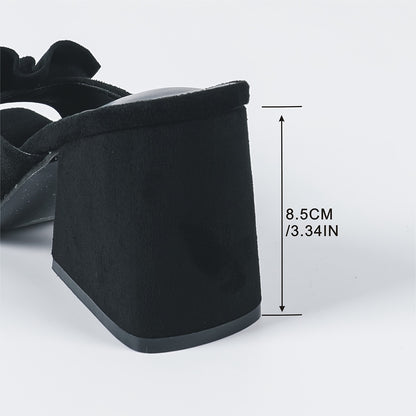 Chic Ladies' Summer Slippers - Black Chunky Heel Open Toe Mules, Women's High Heeled Square Toe Fashion Knit Slip-Ons with Comfortable Rubber Sole